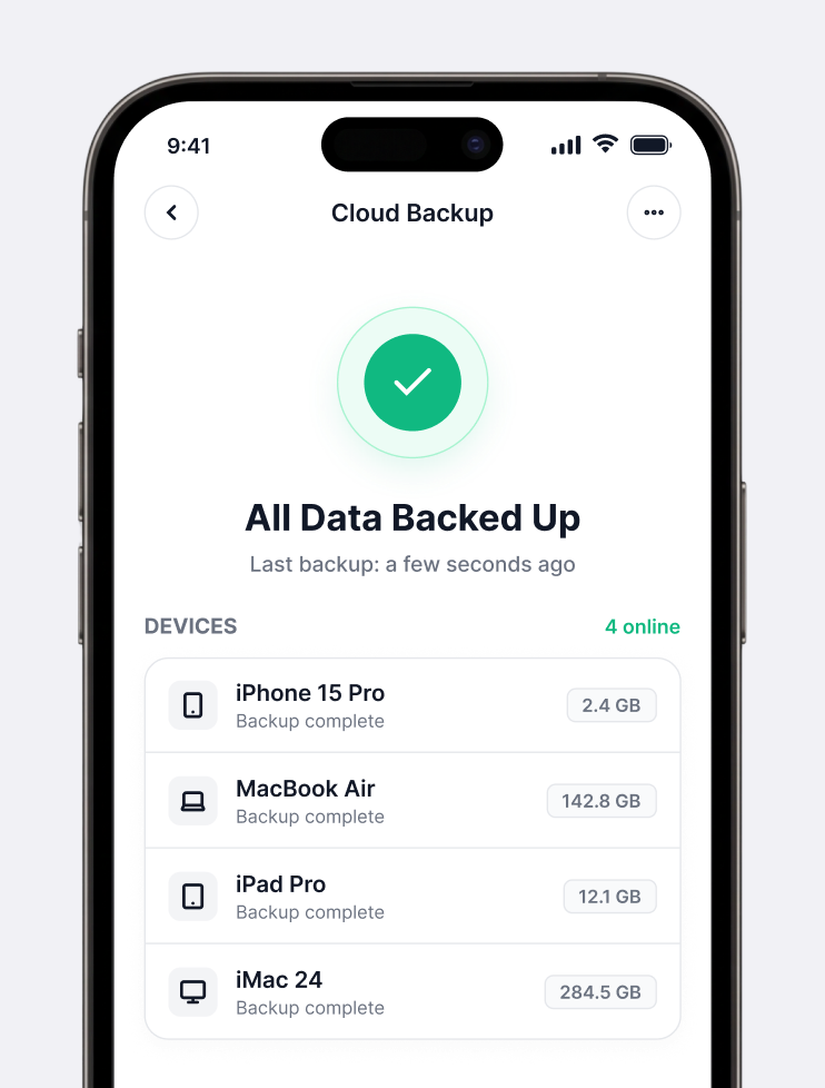 Kept app — Cloud Backup screen showing all data backed up across iPhone, MacBook, iPad, and iMac