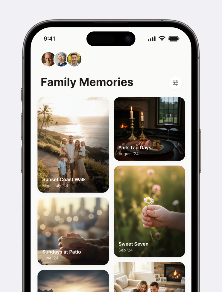 Kept app — Family Memories shared album with family member avatars