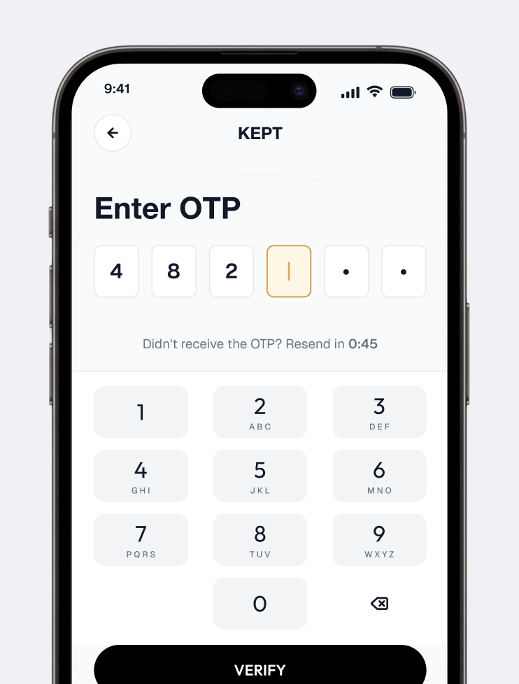 Kept app — Enter OTP screen with 6-digit code sent by text message